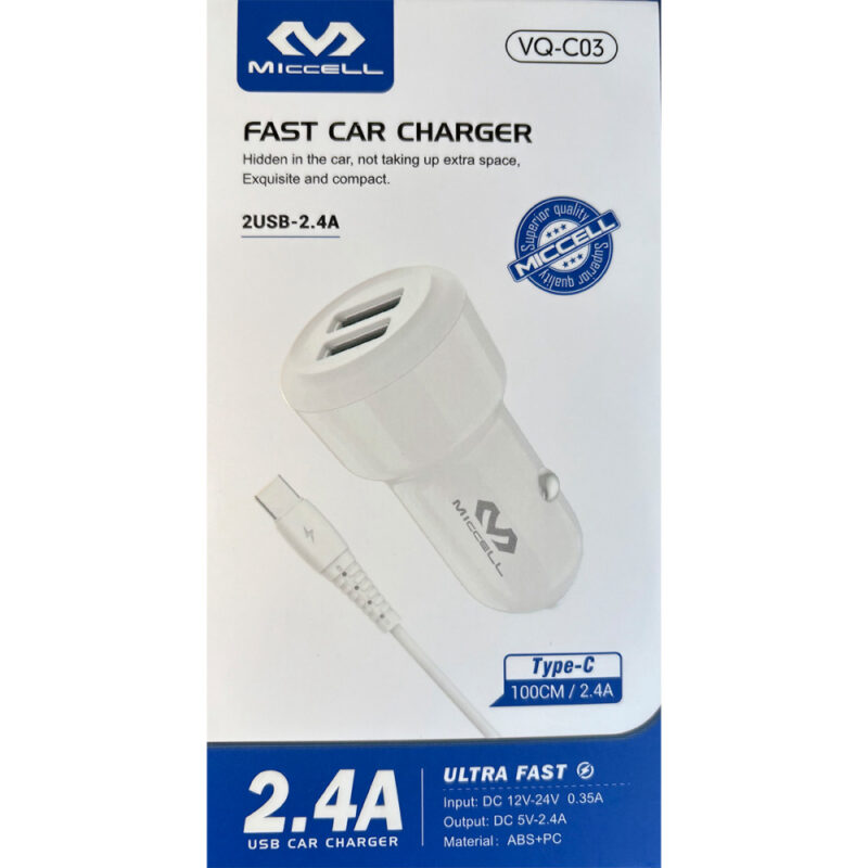 Cargador De Auto 2USB + Cable C Miccell 2.4A Blanco