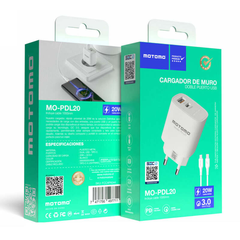 Cargador Motomo MO-L20 20W Con Cable C A IPH