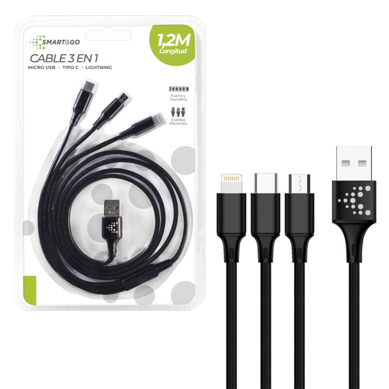 Cable 3 en 1 Smart&Go 1,2m Negro