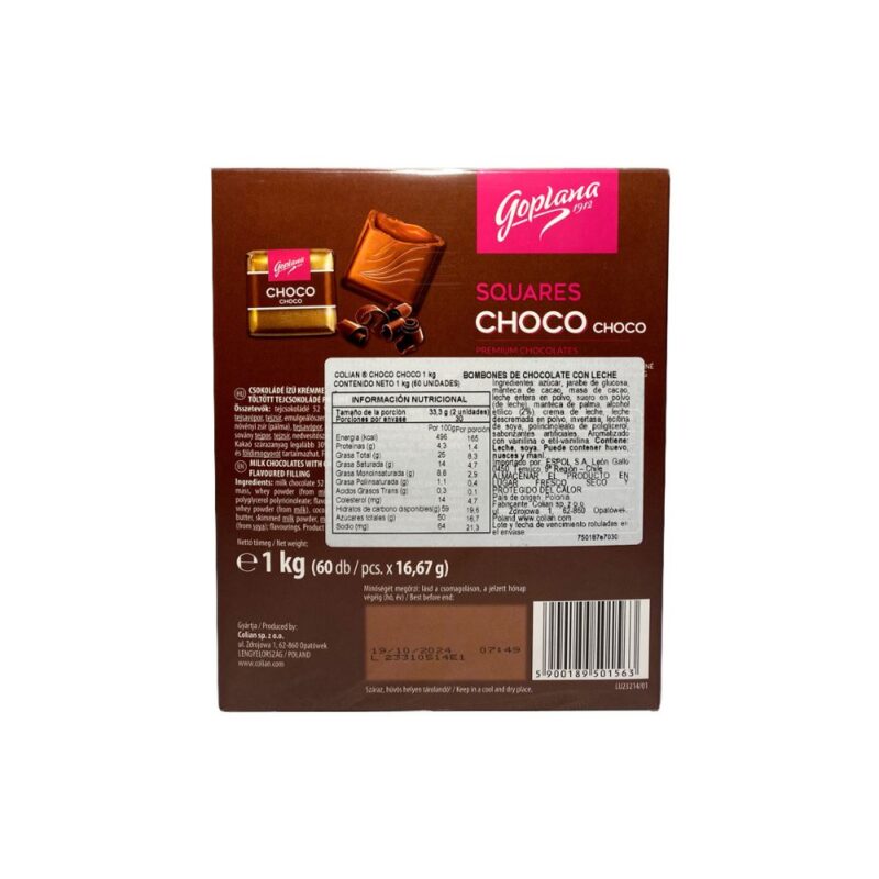 Cuadraditos de chocolate rellenos sabor Choco Choco 1Kg