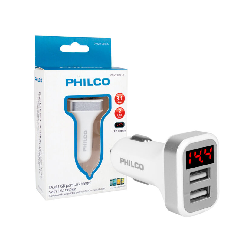 Cargador de auto Philco doble usb con pantalla led 3.1amp