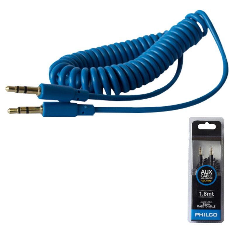 Cable Philco audio 3.5 stereo espiral 1.8mt colores