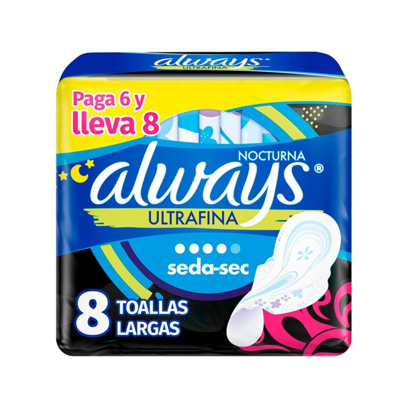 Toalla femenina Always nocturna ultra seca con alas 6+2ud
