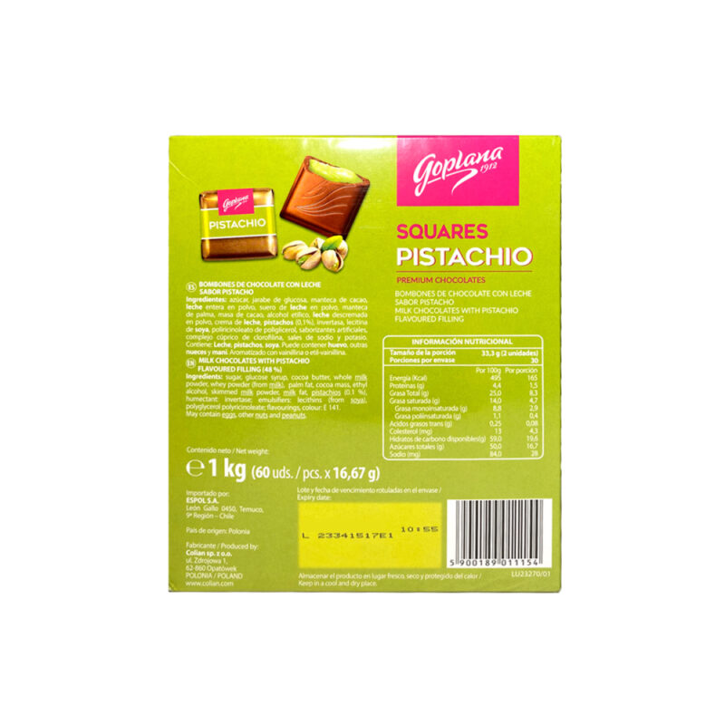 Cuadraditos de chocolate rellenos sabor Pistacho 1Kg