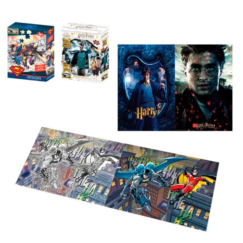 Puzzle raspa 2en1 de 150 piez.Harry Potter o DC Comics surti