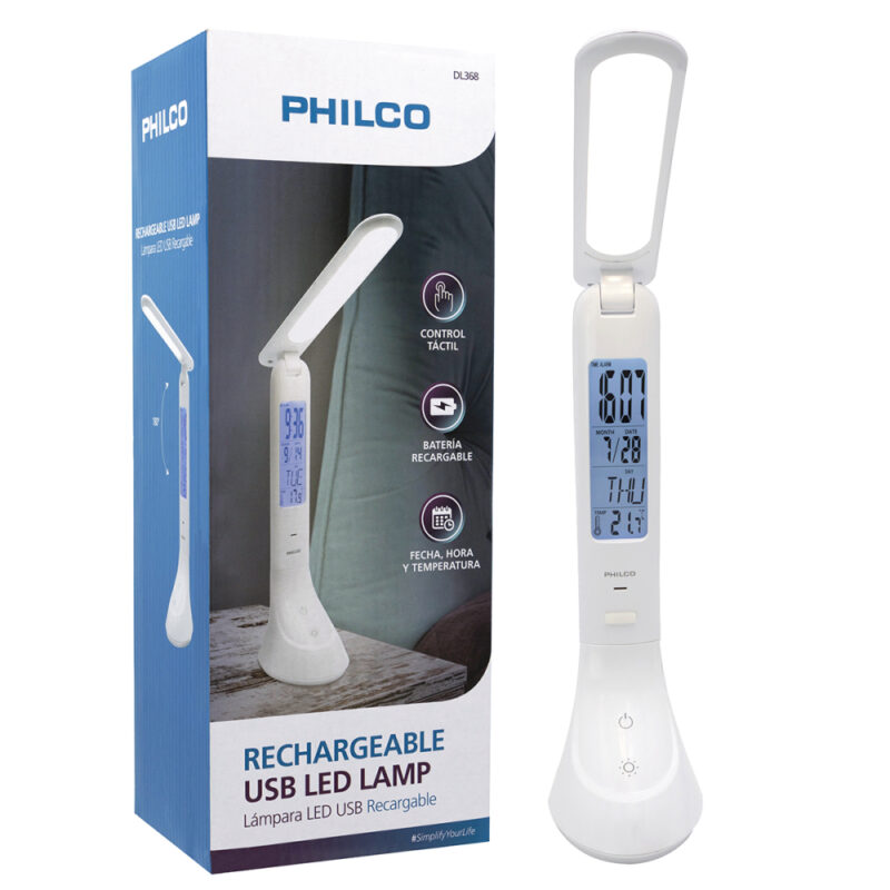 Lampara Led escritorio recargable Philco con reloj