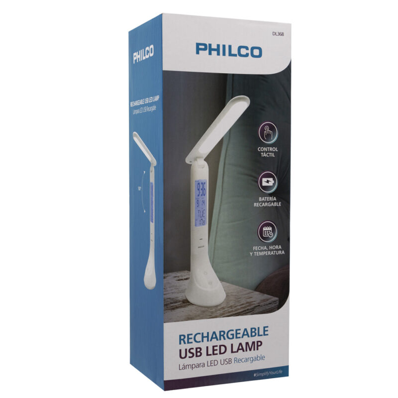 Lampara Led escritorio recargable Philco con reloj