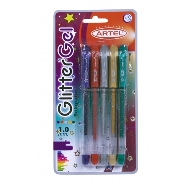 Bolígrafo Artel gel glitter 5 colores blister