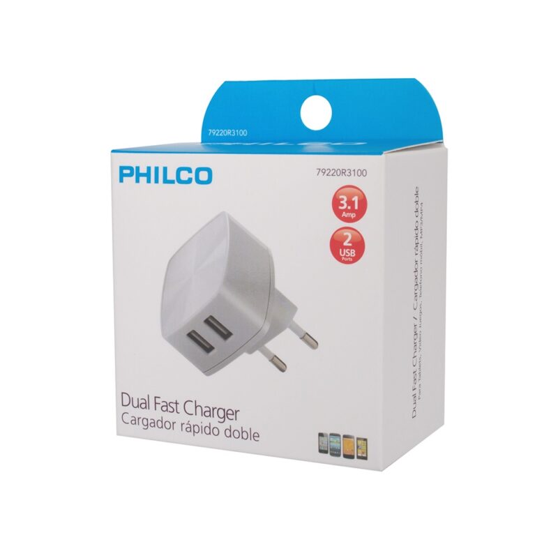 Cargador Philco USB doble 220v 3.1A blanco