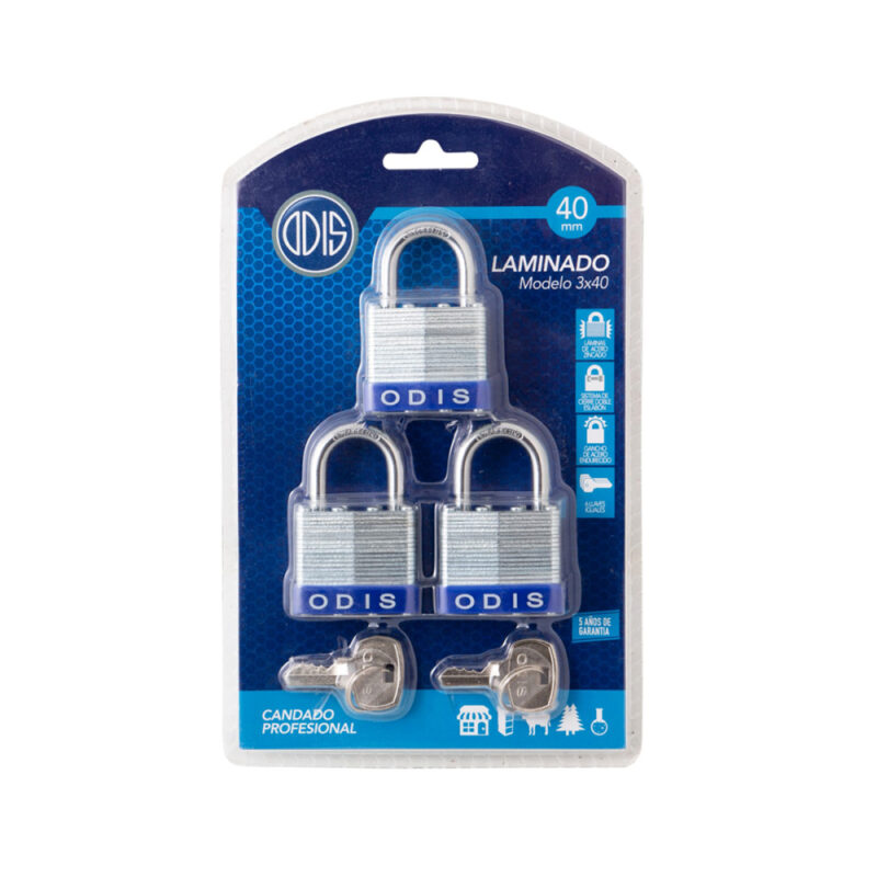 Candado laminado Odis set 3 x 40mm acero zincado blister