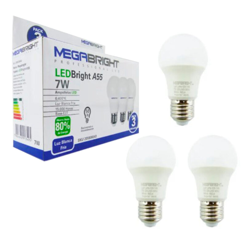 Pack 3ud ampolletas led Megabright A55 clasica 7w