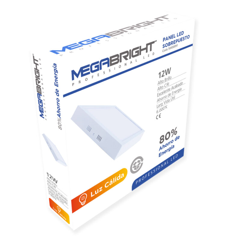 Panel led cuadrado sobrepuestoMegabright  12w/Luz Calida