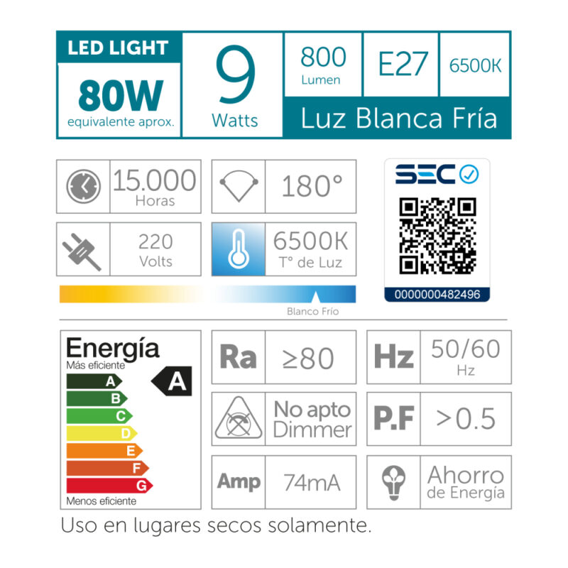 Ampolleta Led A60 E27 9W Led By