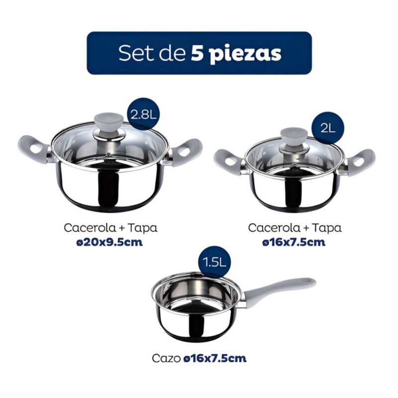 Set Bateria de cocina Bergmer acero inoxidable 5 piezas