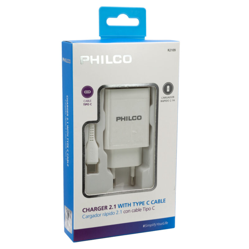 Cargador Philco USB doble con cable tipo C 2.1A R2109