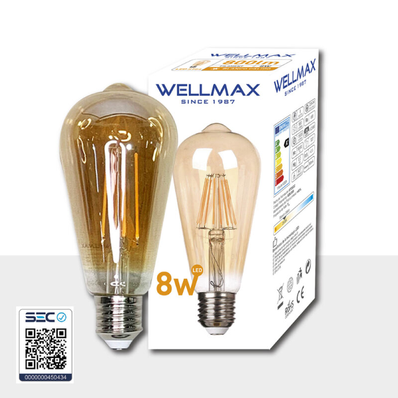 Ampolleta filamento ST64 Wellmax 8W luz ambar