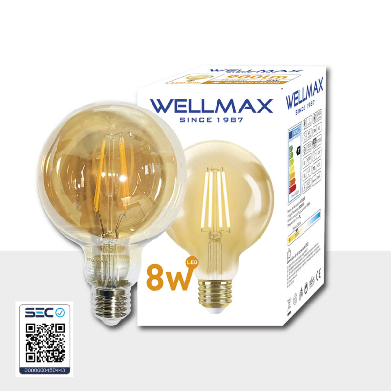 Ampolleta filamento G95 Wellmax 8W luz ambar