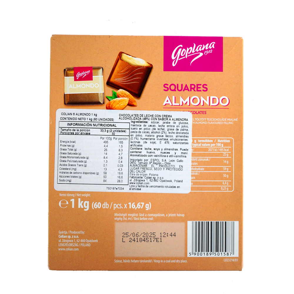 Cuadraditos de chocolate rellenos sabor Almendra 1Kg