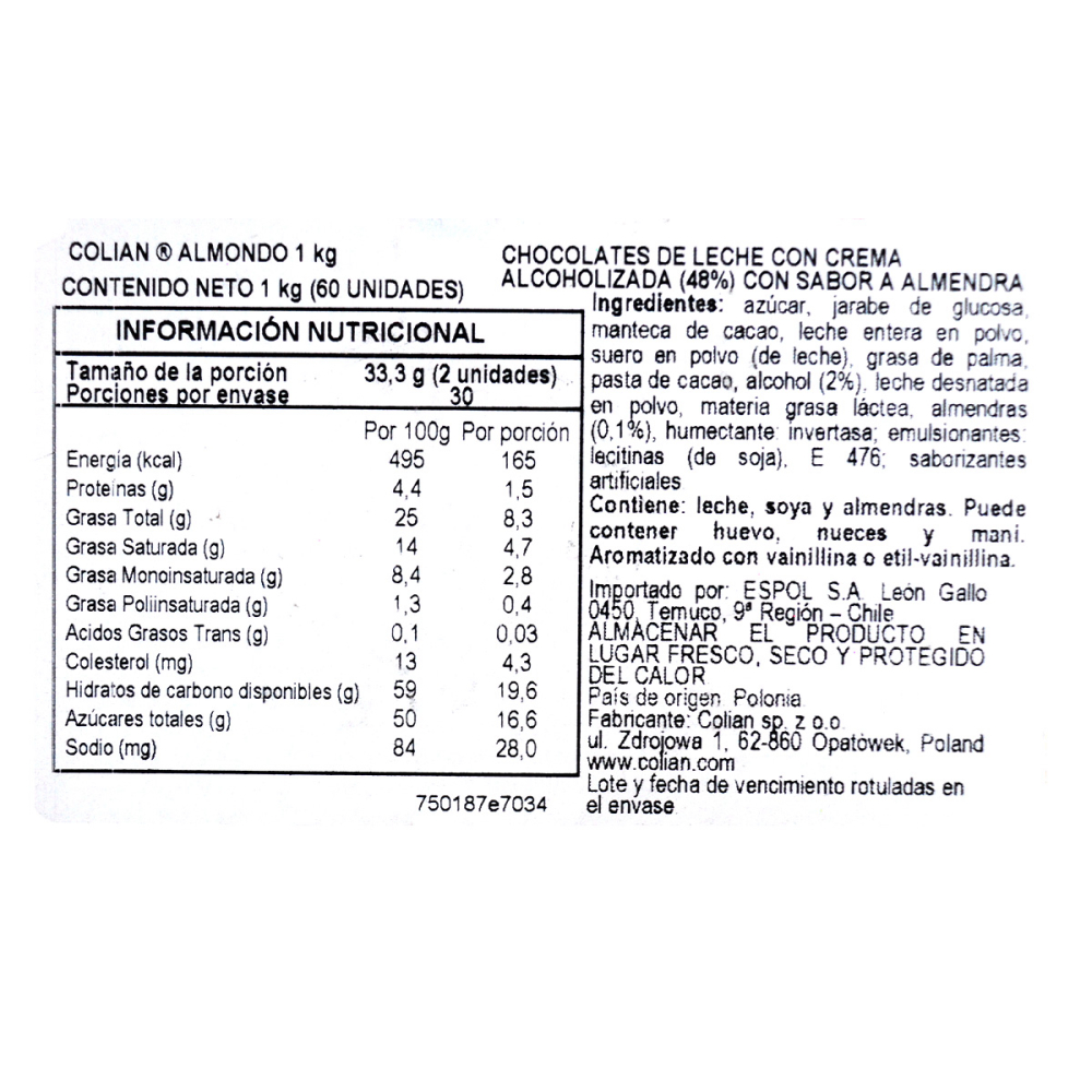 Cuadraditos de chocolate rellenos sabor Almendra 1Kg